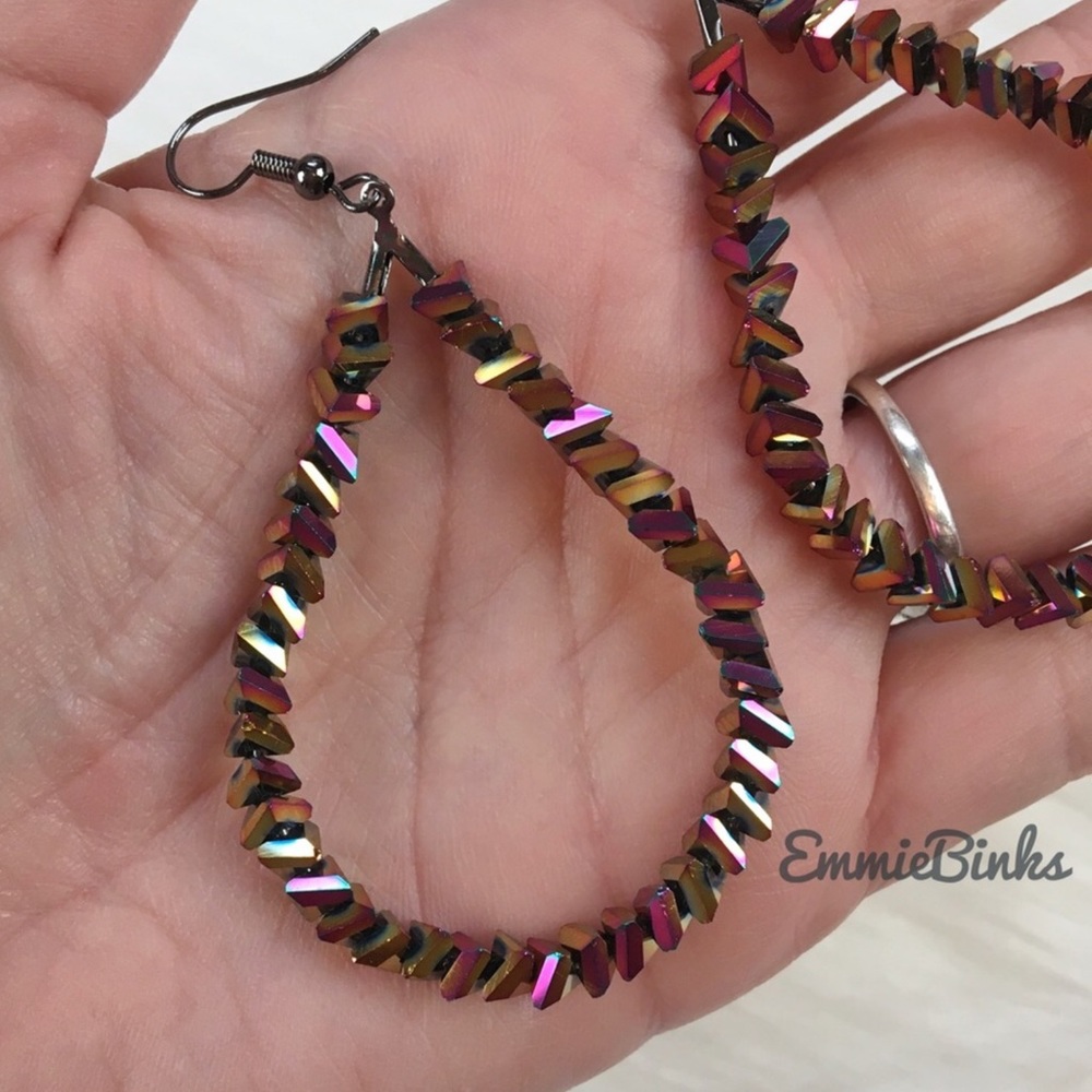 New FP Oil Slick Holographic Beaded Teardrop Dangle Earrings - Picture 9 of 14